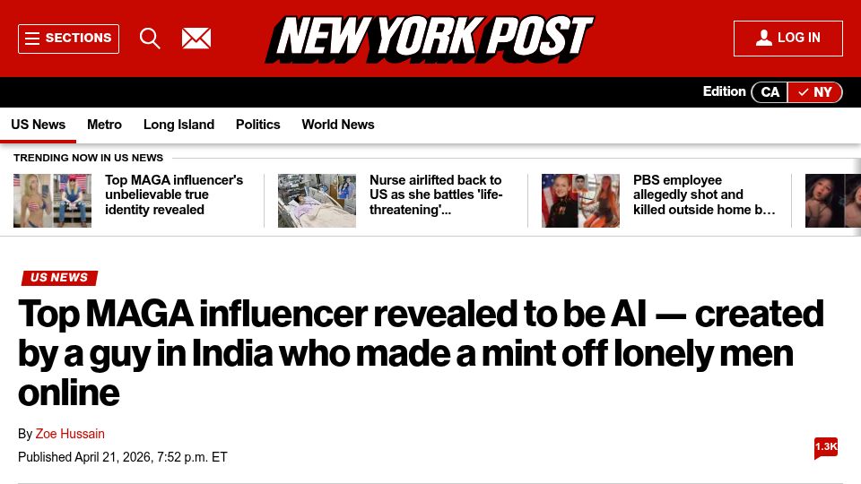 Screenshot of nypost.com: Top MAGA influencer revealed to be AI