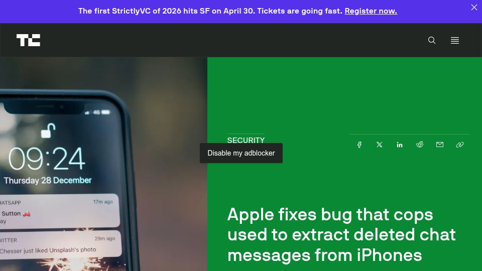 Screenshot of techcrunch.com: Apple fixes bug that cops used to extract deleted chat messages from iPhones