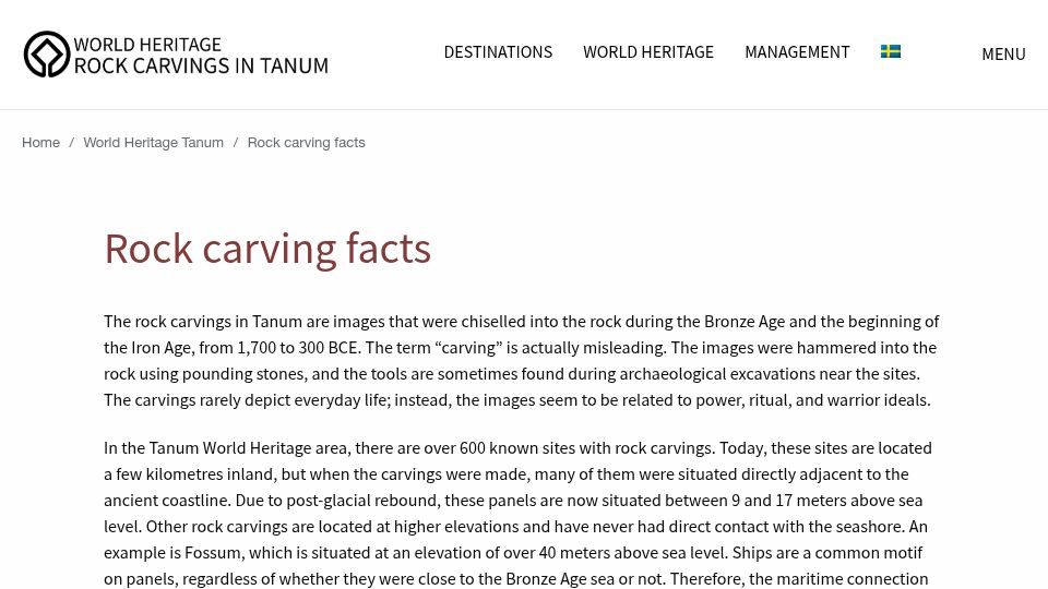 Screenshot of tanumworldheritage.se: Rock carving facts – Tanum Sweden