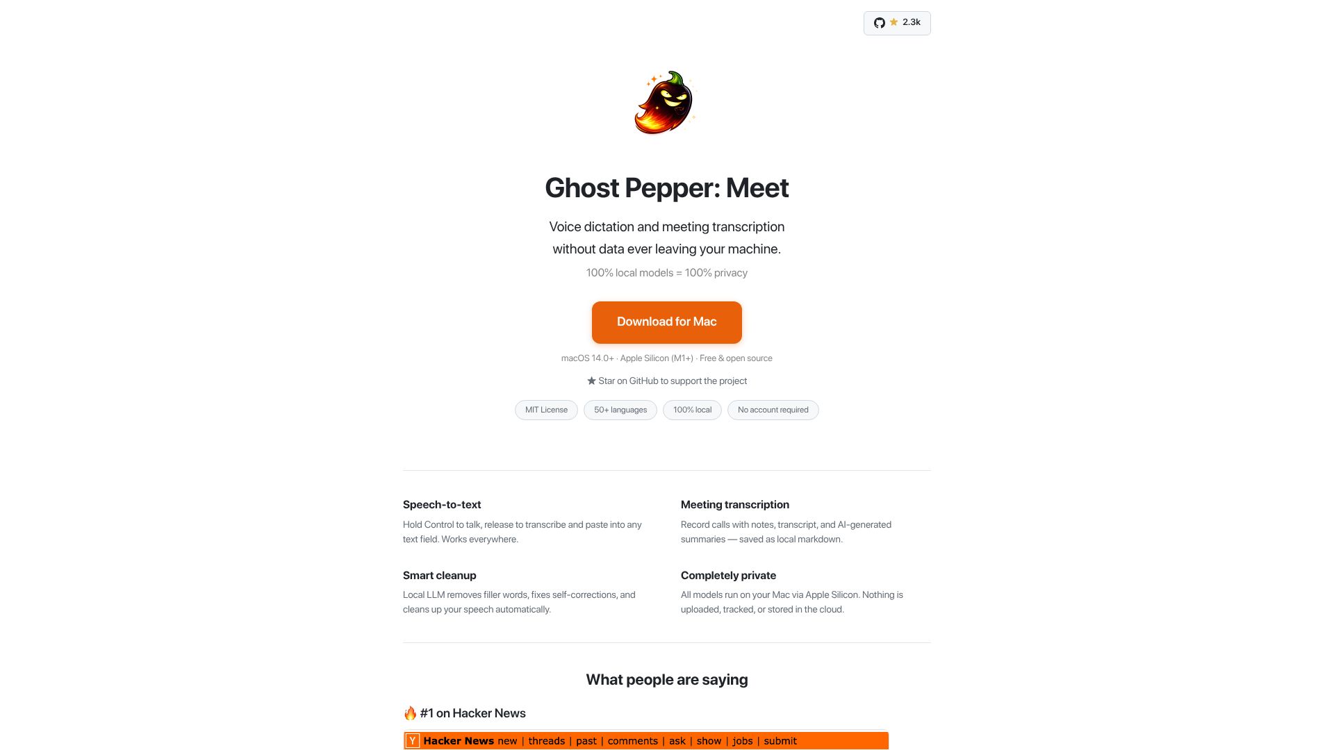 Screenshot of matthartman.github.io: Show HN: Ghost Pepper Meet local meeting transcription and diarization