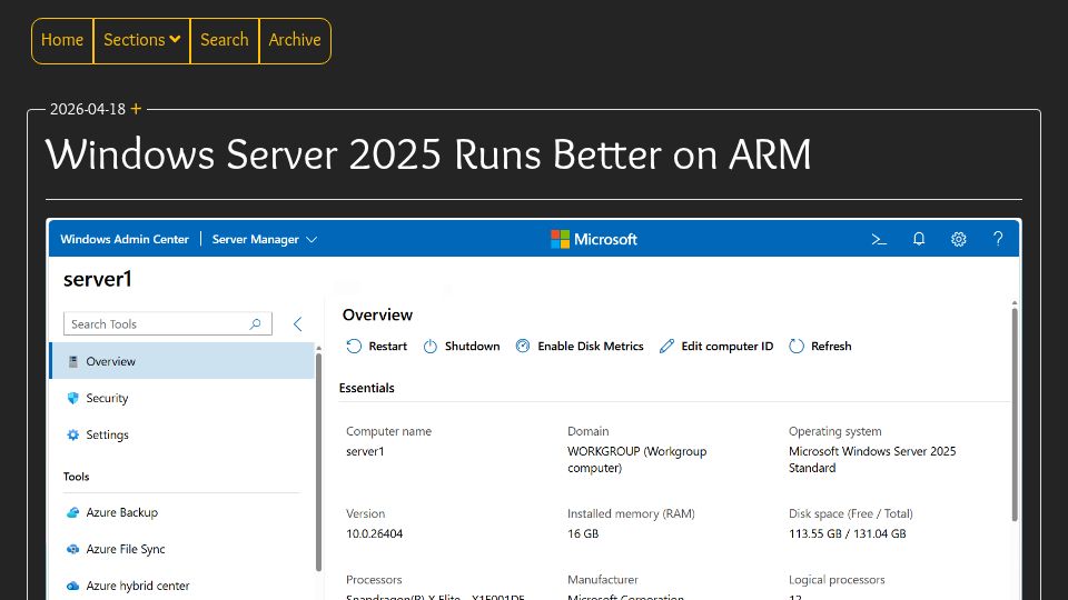 Screenshot of jasoneckert.github.io: Windows Server 2025 Runs Better on ARM