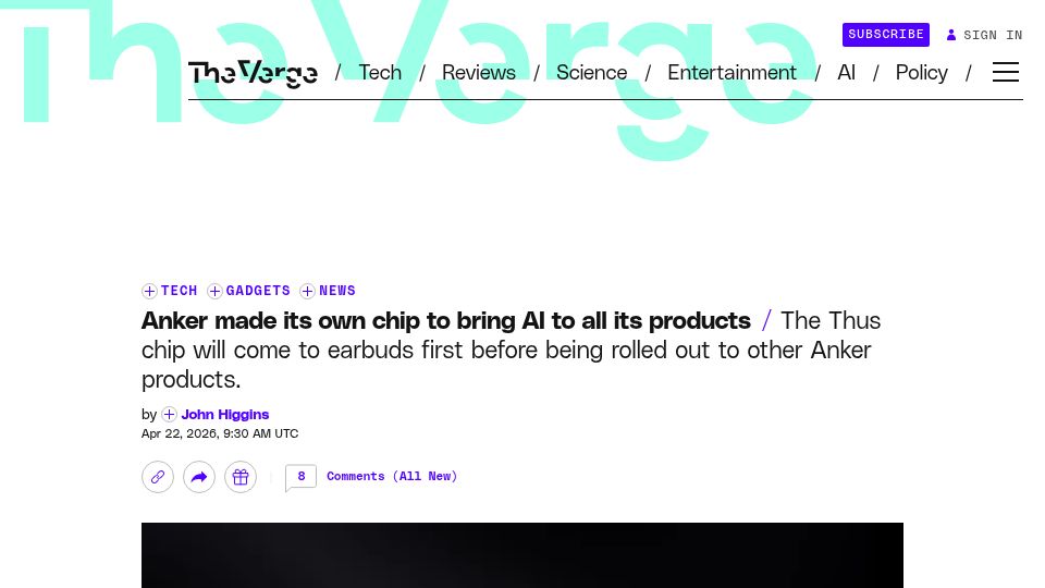 Screenshot of theverge.com: Anker made its own chip to bring AI to all its products