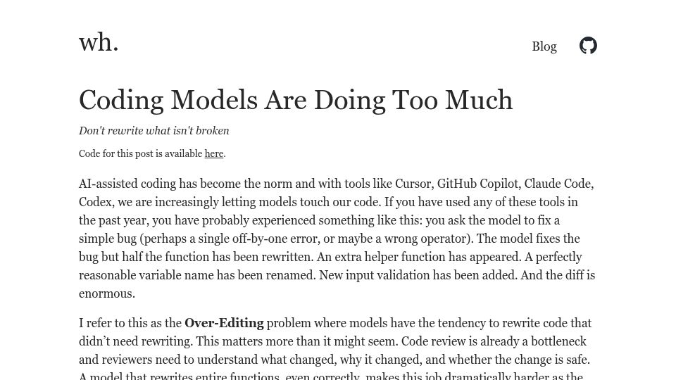 Screenshot of nrehiew.github.io: Over-editing refers to a model modifying code beyond what is necessary