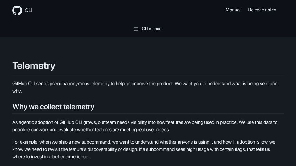 Screenshot of cli.github.com: GitHub CLI now collects pseudoanonymous telemetry