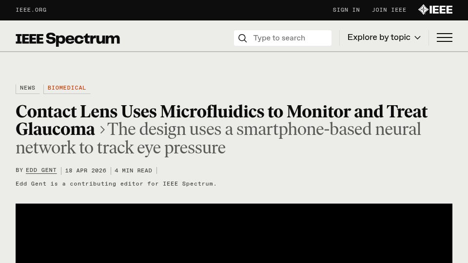 Screenshot of spectrum.ieee.org: Contact Lens Uses Microfluidics to Monitor and Treat Glaucoma