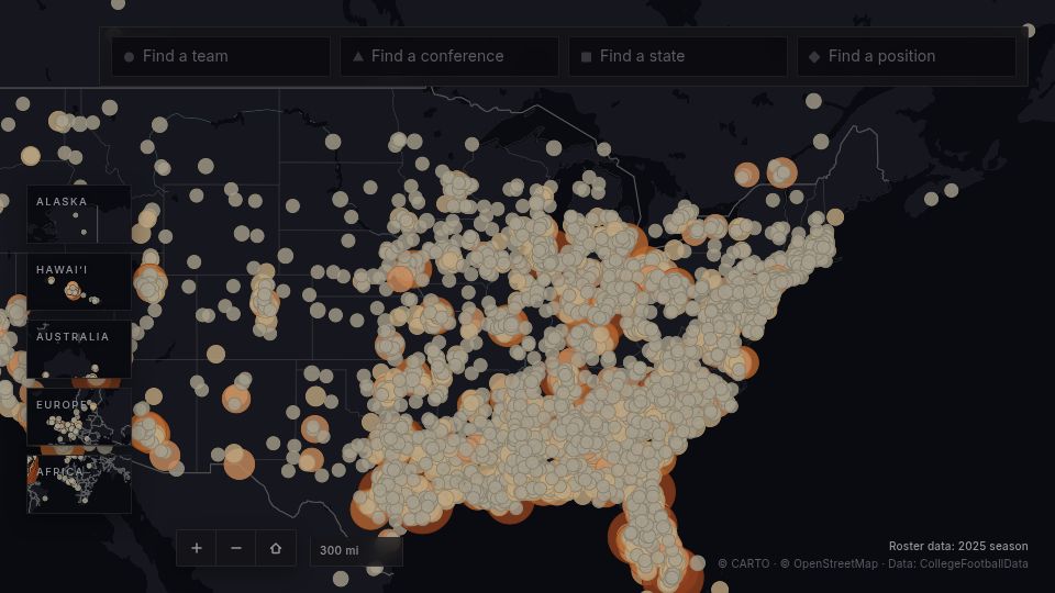 Screenshot of torch.football: Homegrown – An interactive map of every 2025 FBS college football player