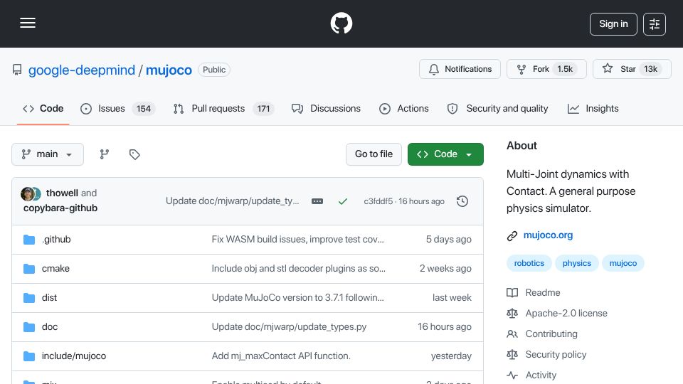 Screenshot of github.com: MuJoCo – Advanced Physics Simulation