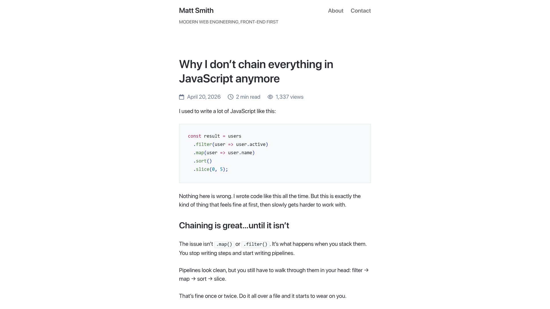 Screenshot of allthingssmitty.com: I don't chain everything in JavaScript anymore