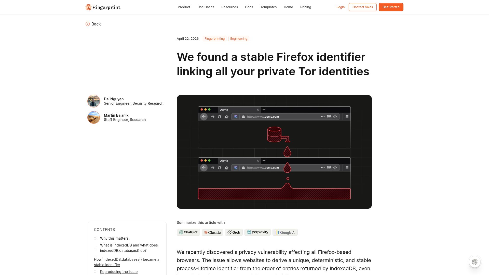 Screenshot of fingerprint.com: We found a stable Firefox identifier linking all your private Tor identities