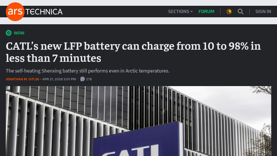 Screenshot of arstechnica.com: CATL's new LFP battery can charge from 10 to 98% in less than 7 minutes