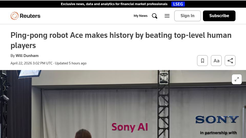 Screenshot of reuters.com: Ping-pong robot beats top-level human players
