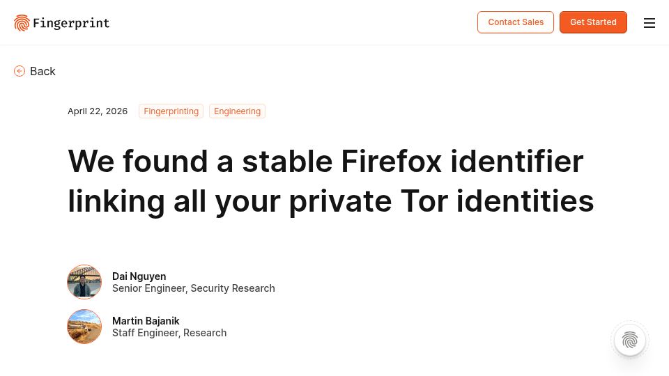 Screenshot of fingerprint.com: We found a stable Firefox identifier linking all your private Tor identities
