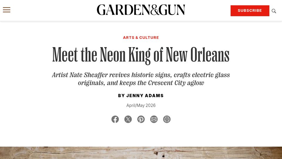 Screenshot of gardenandgun.com: The Neon King of New Orleans