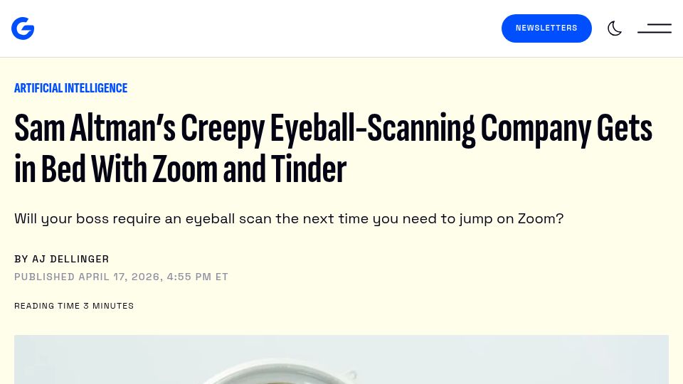 Screenshot of gizmodo.com: Sam Altman's Creepy Eyeball-Scanning Company Gets in Bed with Zoom and Tinder