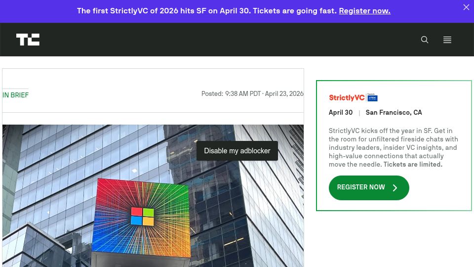 Screenshot of techcrunch.com: Microsoft offers buyouts up to 7% of US employees