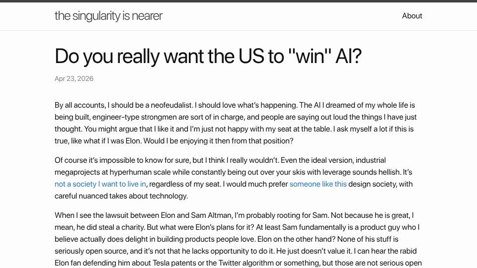 Screenshot of geohot.github.io: Do you want the US to "win" AI?