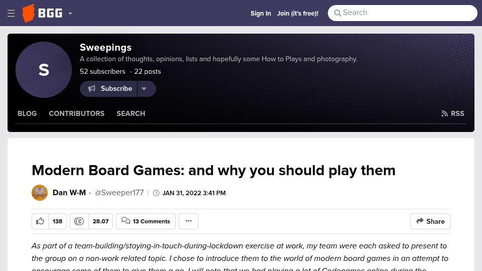 Screenshot of boardgamegeek.com: Modern Board Games: and why you should play them (2022)