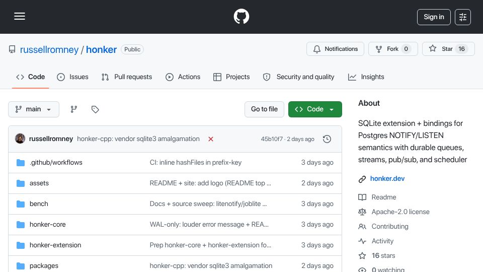 Screenshot of github.com: Show HN: Honker – Postgres NOTIFY/LISTEN Semantics for SQLite