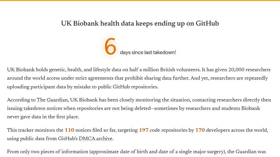 Screenshot of biobank.rocher.lc: UK Biobank health data keeps ending up on GitHub