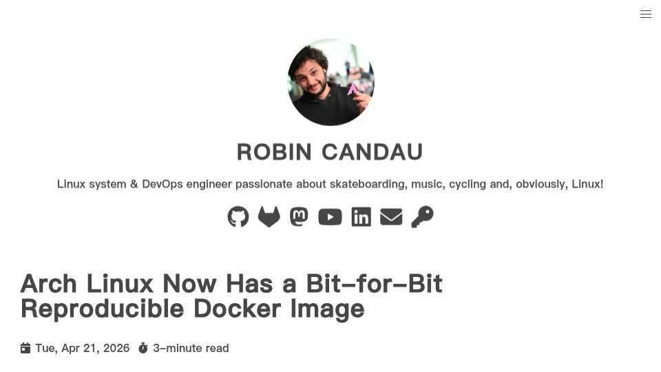 Screenshot of antiz.fr: Arch Linux Now Has a Bit-for-Bit Reproducible Docker Image