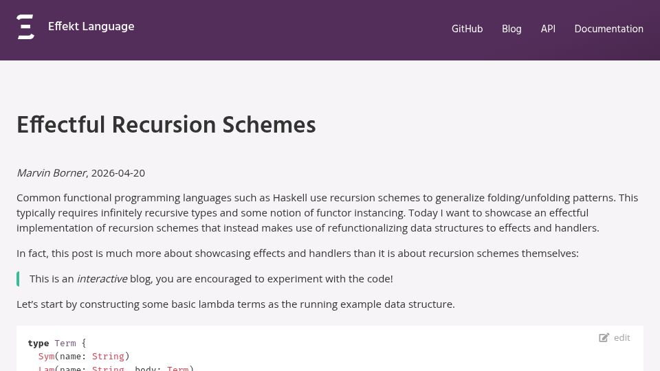 Screenshot of effekt-lang.org: Effectful Recursion Schemes
