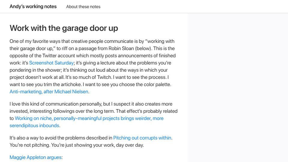 Screenshot of notes.andymatuschak.org: Work with the garage door up (2024)