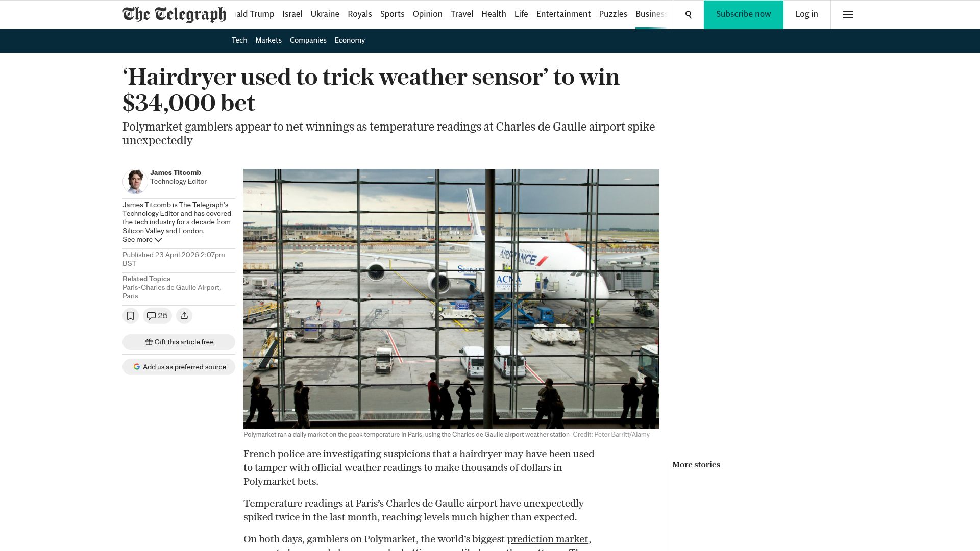 Screenshot of telegraph.co.uk: 'Hairdryer used to trick weather sensor' to win Polymarket bet