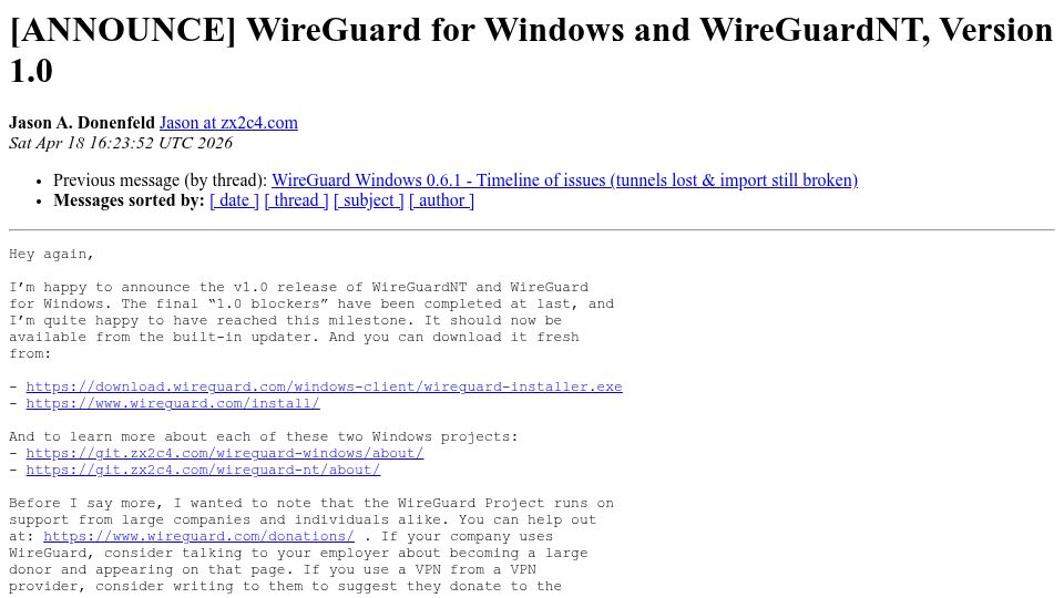 Screenshot of lists.zx2c4.com: WireGuard for Windows Reaches v1.0