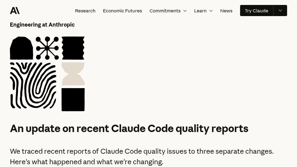 Screenshot of anthropic.com: An update on recent Claude Code quality reports