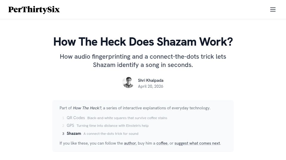 Screenshot of perthirtysix.com: How does Shazam work?