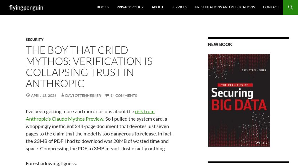 Screenshot of flyingpenguin.com: A Boy That Cried Mythos: Verification Is Collapsing Trust in Anthropic