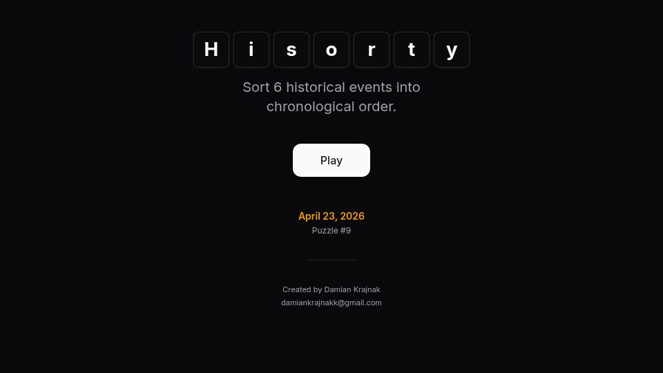 Screenshot of hisorty.app: Show HN: Built a daily game where you sort historical events chronologically