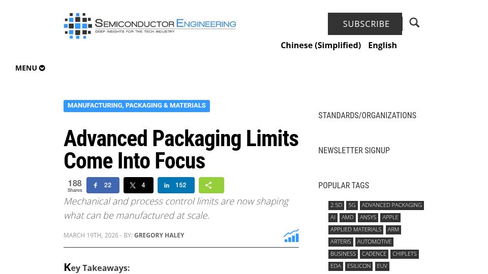 Screenshot of semiengineering.com: Advanced Packaging Limits Come into Focus