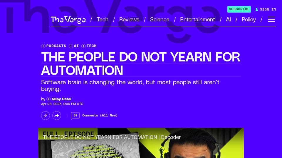 Screenshot of theverge.com: People Do Not Yearn for Automation