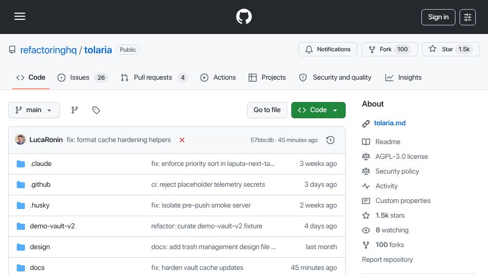 Screenshot of github.com: Show HN: Tolaria – Open-source macOS app to manage Markdown knowledge bases
