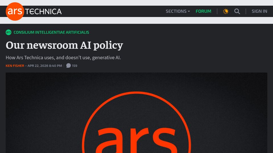 Screenshot of arstechnica.com: Our newsroom AI policy