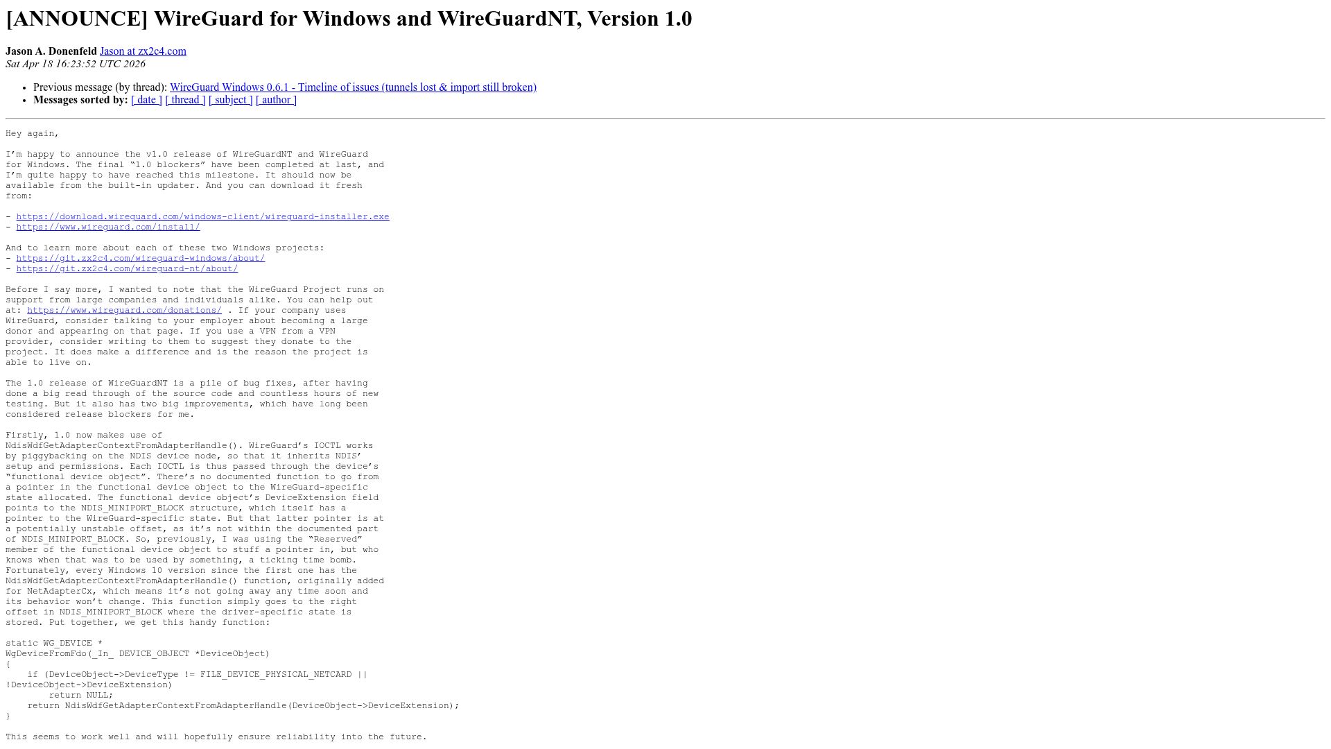 Screenshot of lists.zx2c4.com: WireGuard for Windows Reaches v1.0