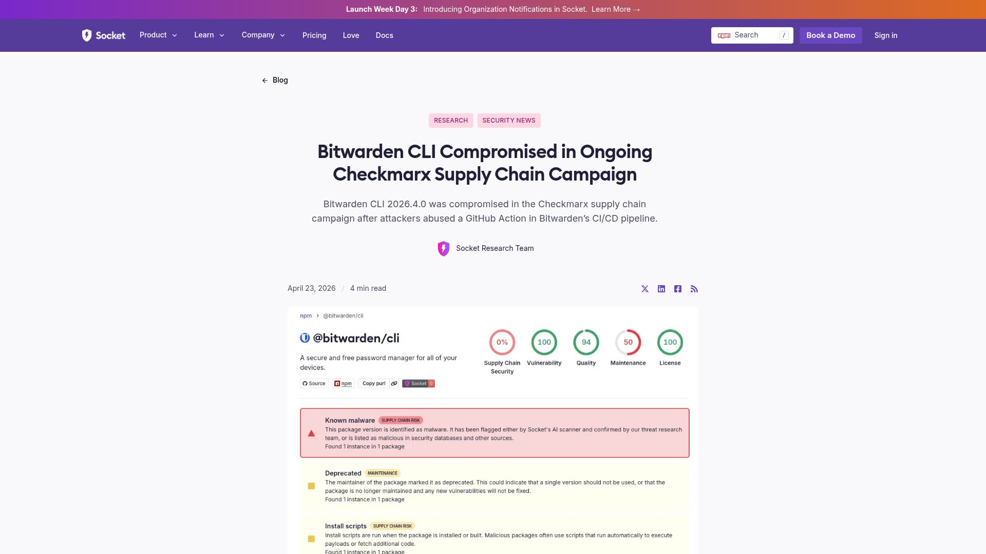 Screenshot of socket.dev: Bitwarden CLI compromised in ongoing Checkmarx supply chain campaign