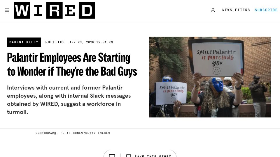 Screenshot of wired.com: Palantir employees are starting to wonder if they're the bad guys