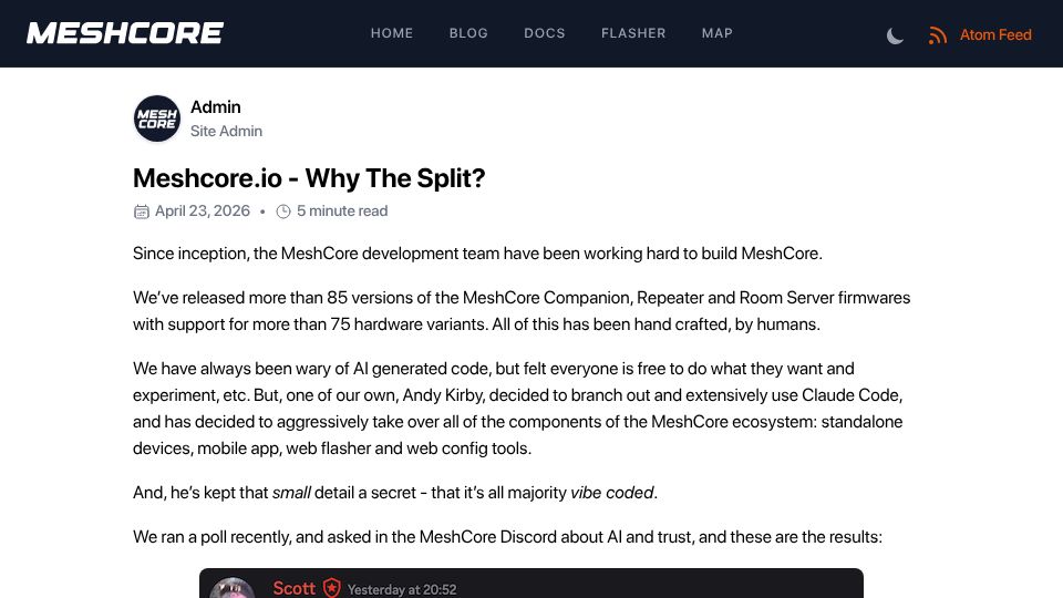 Screenshot of blog.meshcore.io: MeshCore development team splits over trademark dispute and AI-generated code