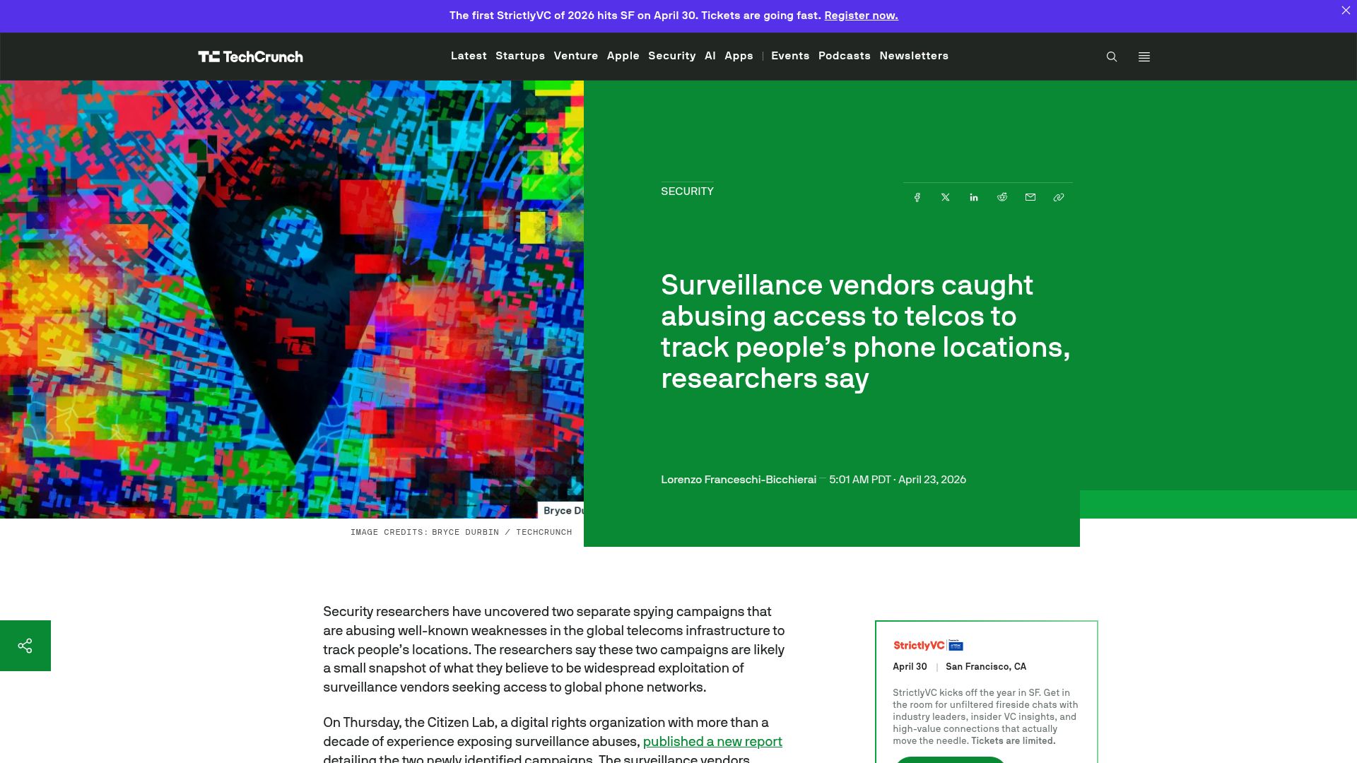 Screenshot of techcrunch.com: Investigation uncovers two sophisticated telecom surveillance campaigns