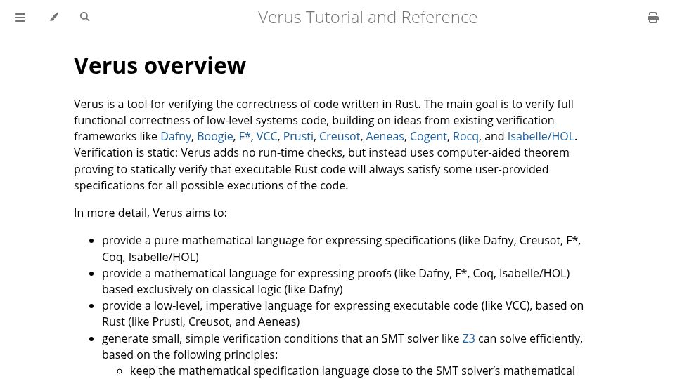 Screenshot of verus-lang.github.io: Verus is a tool for verifying the correctness of code written in Rust