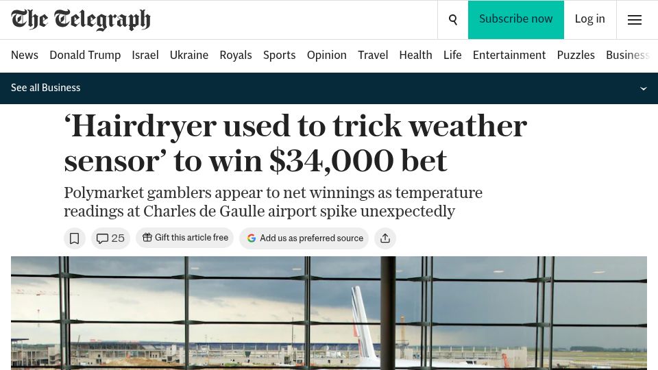 Screenshot of telegraph.co.uk: 'Hairdryer used to trick weather sensor' to win Polymarket bet