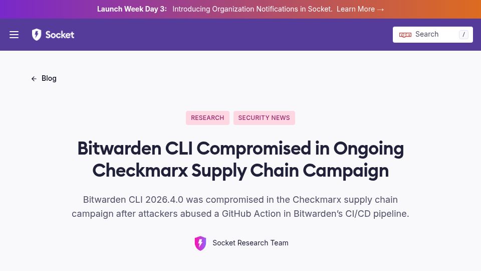 Screenshot of socket.dev: Bitwarden CLI compromised in ongoing Checkmarx supply chain campaign
