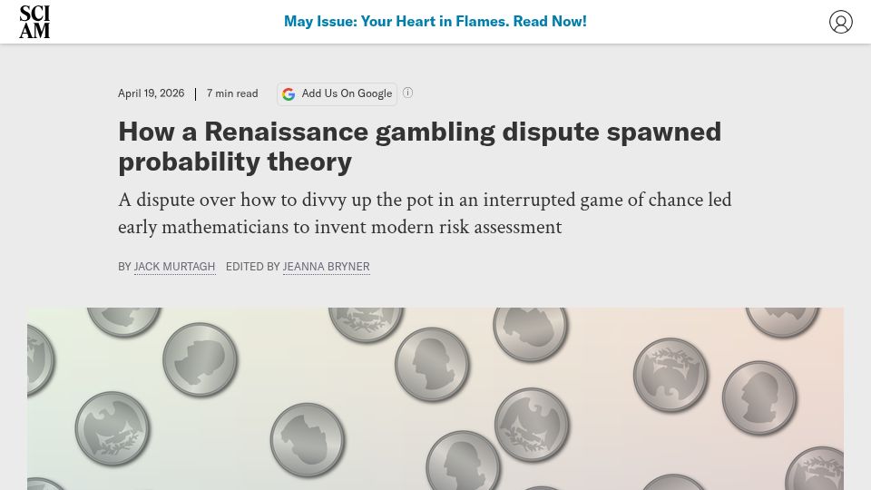 Screenshot of scientificamerican.com: A Renaissance gambling dispute spawned probability theory