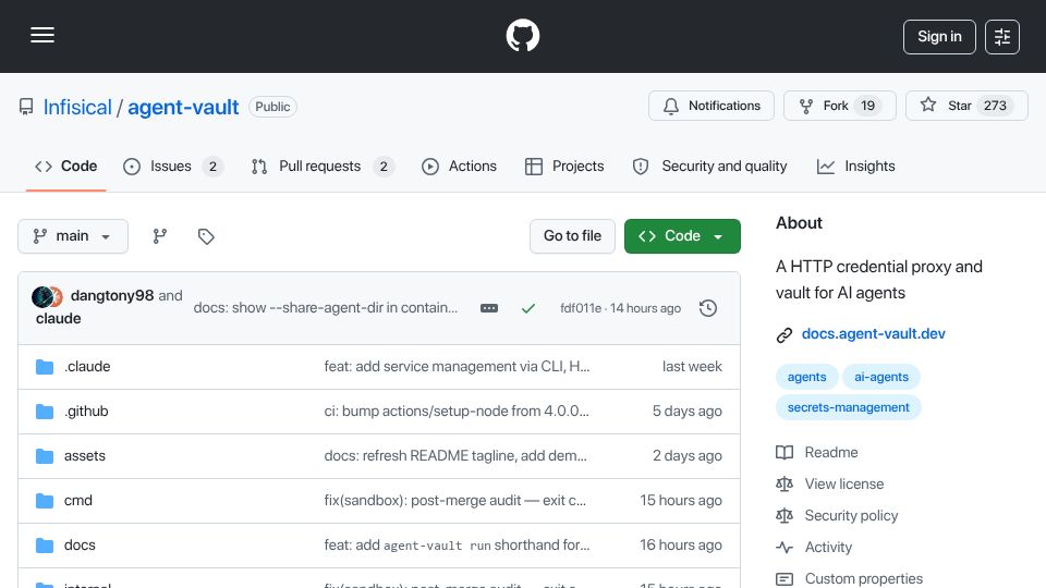 Screenshot of github.com: Show HN: Agent Vault – Open-source credential proxy and vault for agents