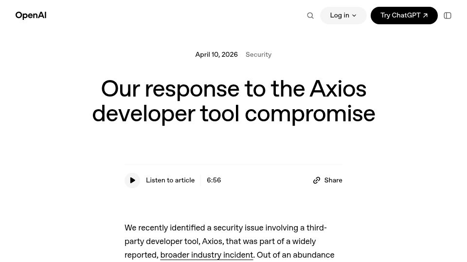 Screenshot of openai.com: OpenAI's response to the Axios developer tool compromise