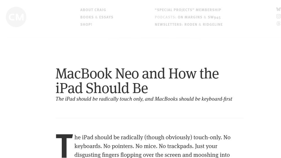 Screenshot of craigmod.com: MacBook Neo and how the iPad should be