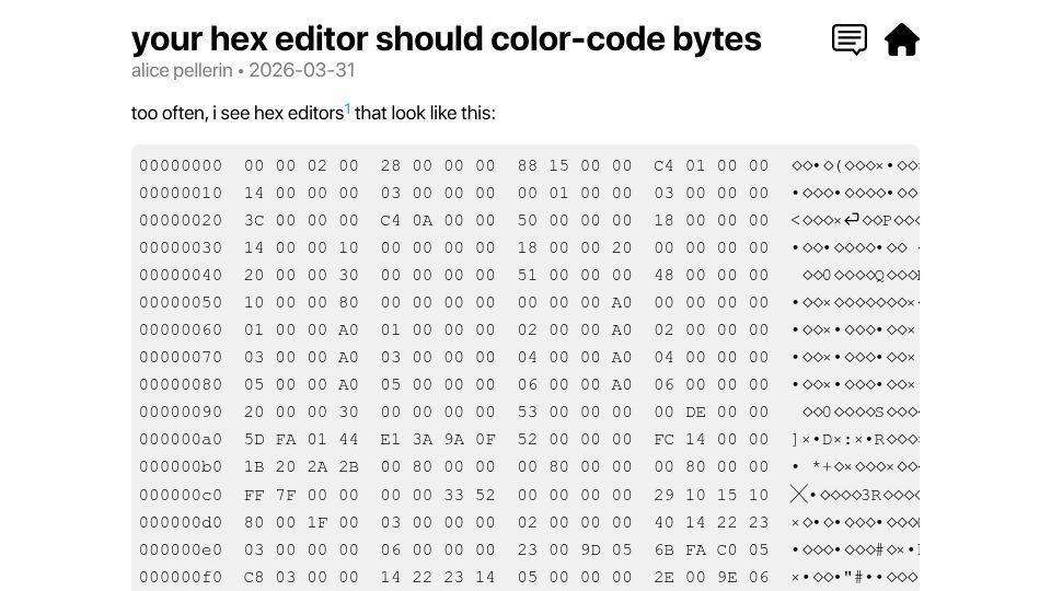 Screenshot of simonomi.dev: Your hex editor should color-code bytes
