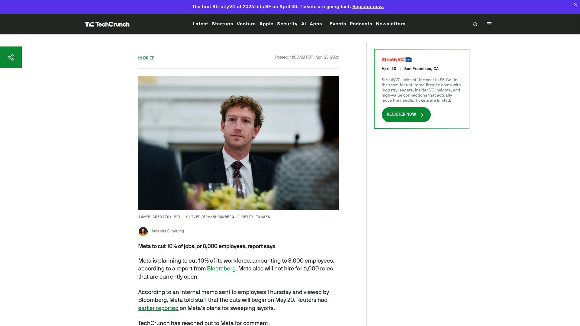 Screenshot of bloomberg.com: Meta tells staff it will cut 10% of jobs